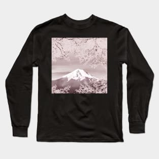 Cherry blossom branch on Fuji Mountain landscape. Watercolor spring Sakura blooming trees. Long Sleeve T-Shirt